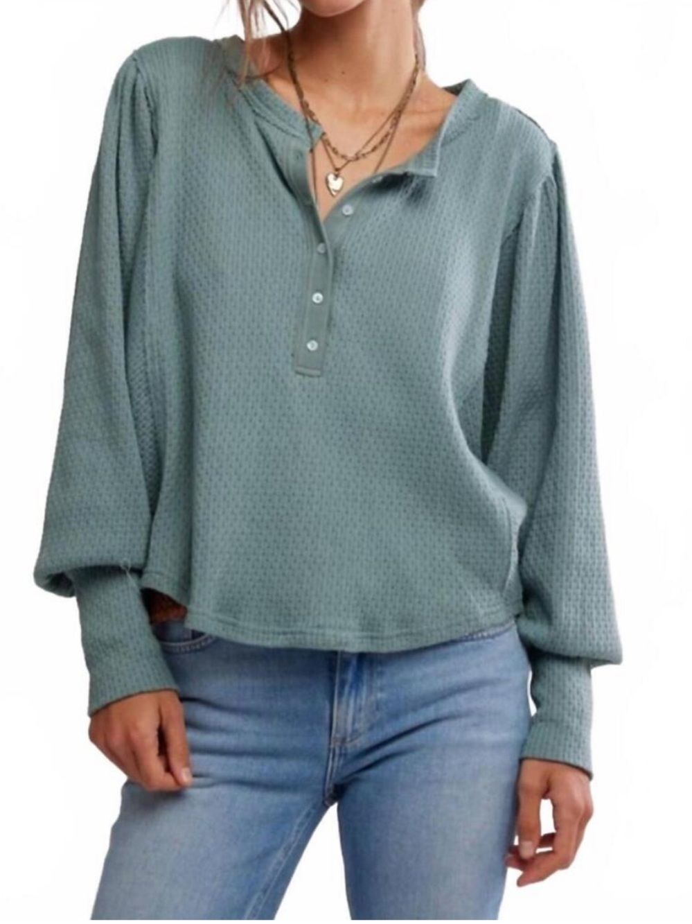 Free People Quinn Waffle Knit Henley Top Jade Ash Green Womens Medium